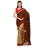 Brown & Fawn Faux Crepe Saree