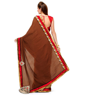 Brown & Fawn Faux Crepe Saree