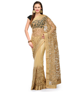 Fawn Net Saree with Zari Work