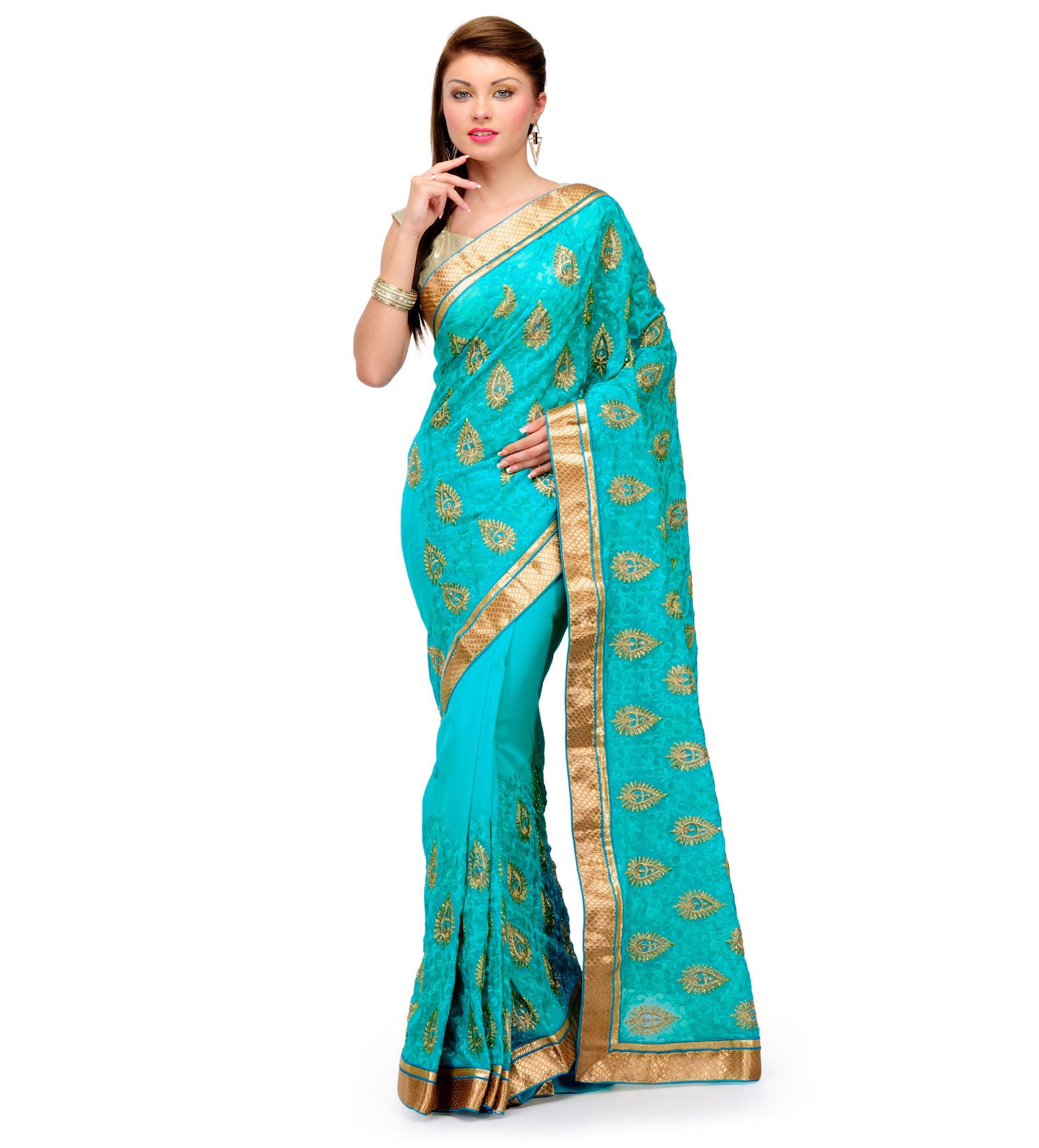 Sea Green Faux Chiffon Saree