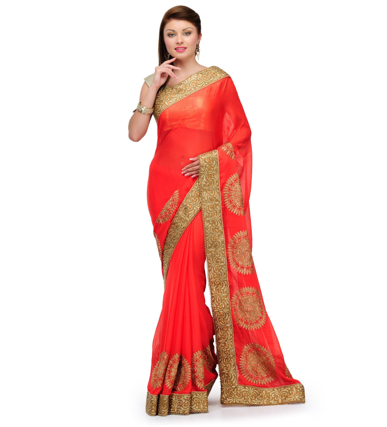 Orange Faux Chiffon Saree