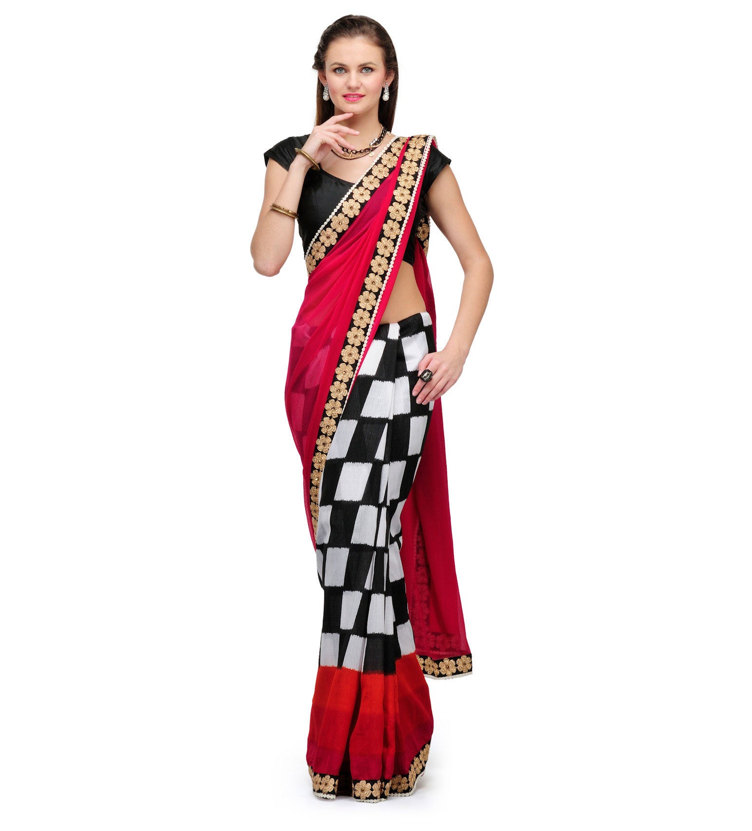 Magenta, Black & White Faux Chiffon Saree