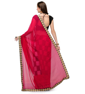 Magenta, Black & White Faux Chiffon Saree