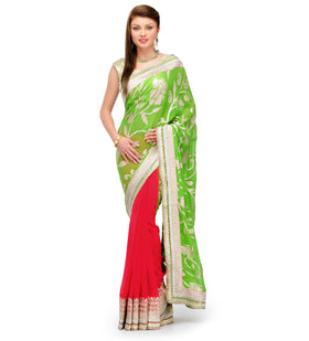 Green & Red Faux Georgette Saree