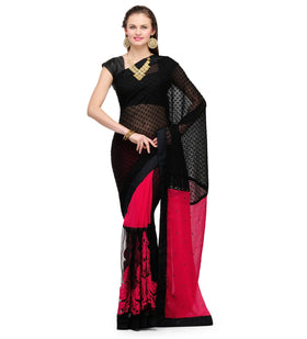 Dark Magenta & Black Faux Chiffon Saree