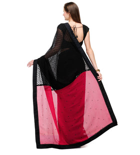 Dark Magenta & Black Faux Chiffon Saree