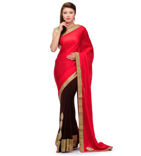 Red & Brown Satin Saree