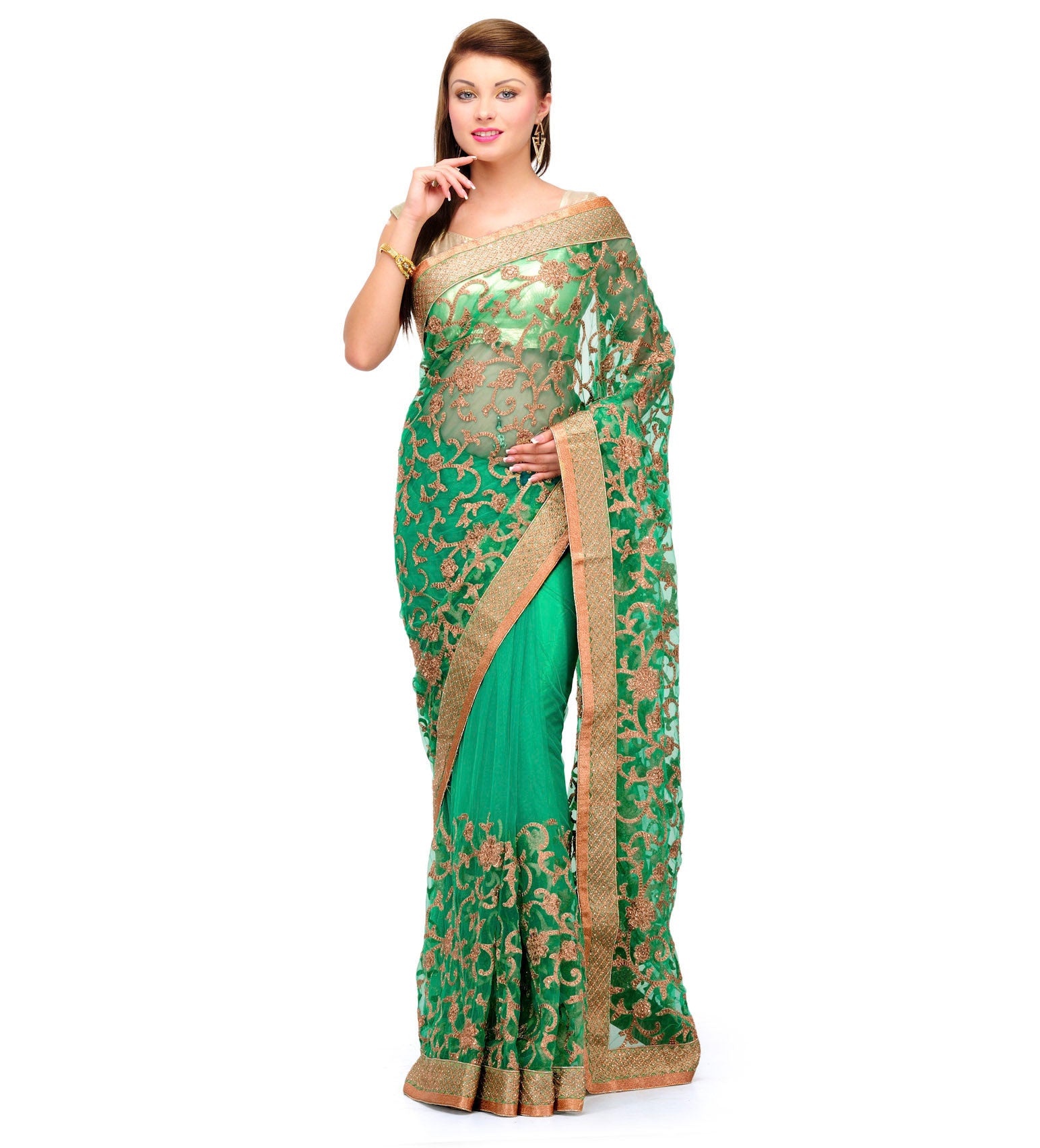 Green Net Saree with Zari Work