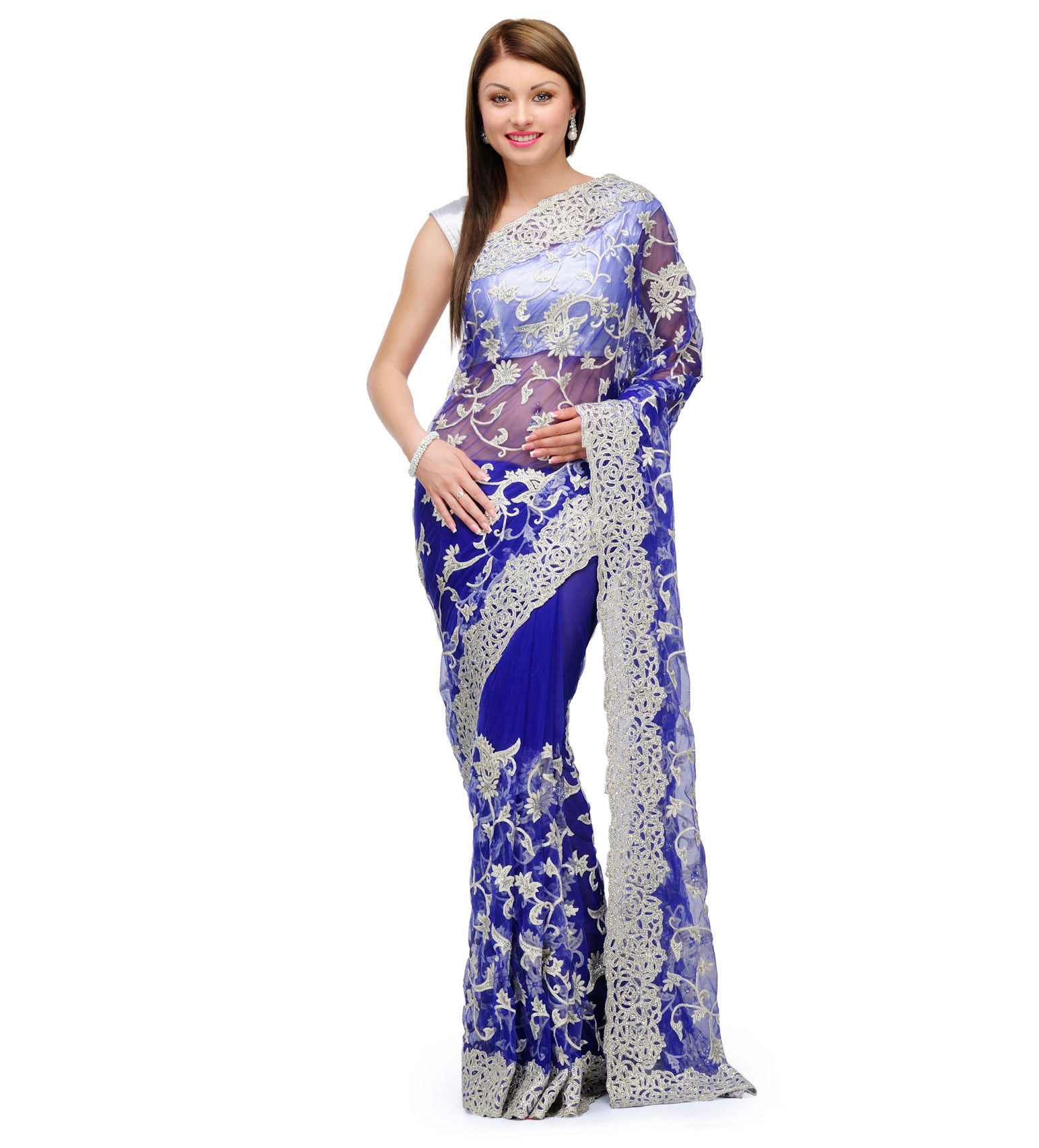 Royal Blue Net Saree with Resham Work