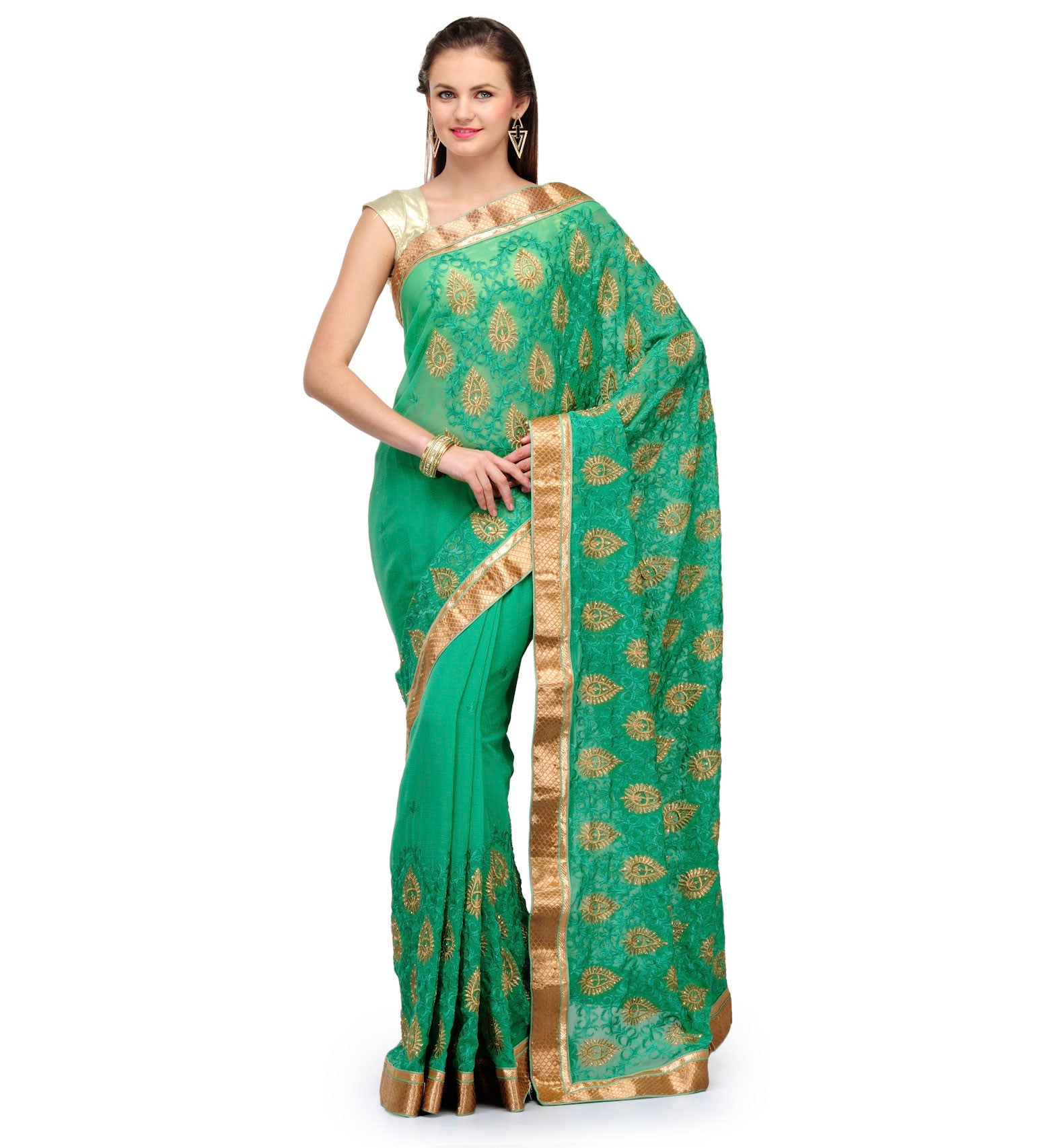 Sea Green Faux Chiffon Saree