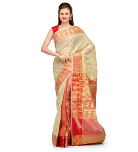 Cream & Red Kora Banarasi Saree