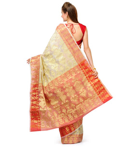 Cream & Red Kora Banarasi Saree