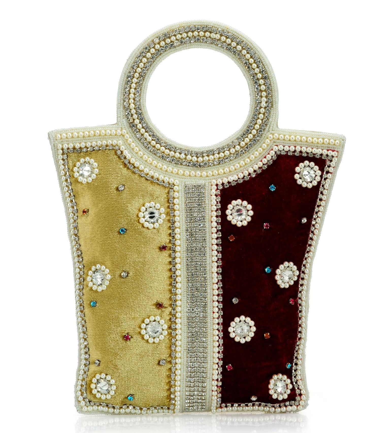 Maroon and Mustard Velvet Stone and Pearl Beaded Clutch