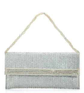 Silver Rexin Stone & Pearl Patch Work Clutch