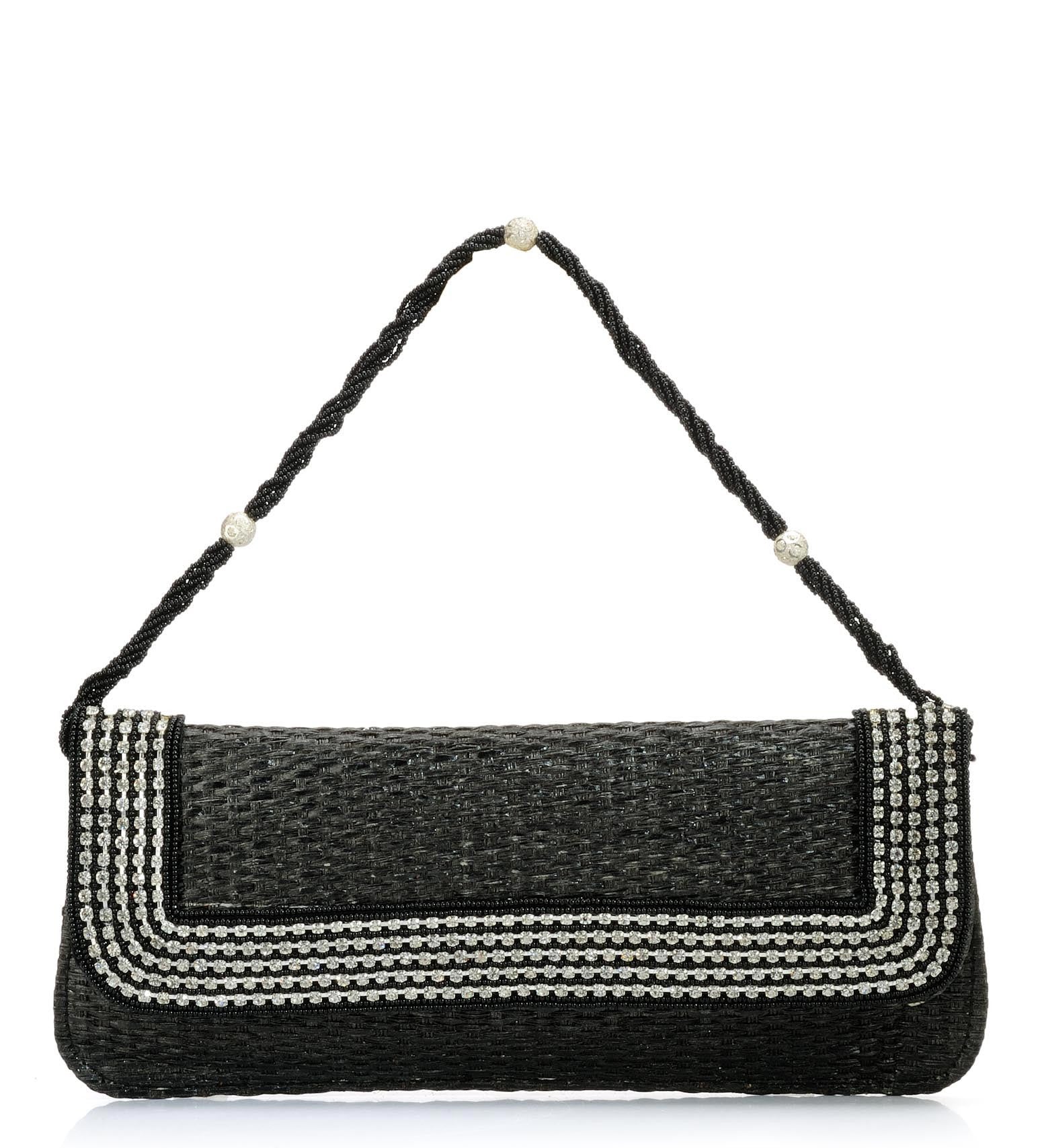 Black Rexin Stone and Pearl Patch Work Clutch