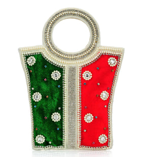 Red and Green Velvet Stone and Pearl Beaded Clutch