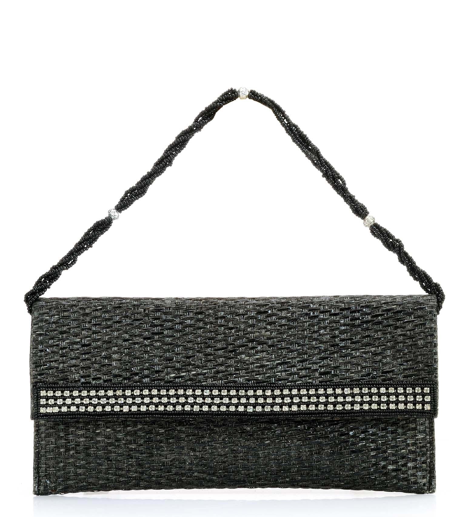 Black Rexin Stone and Pearl Patch Work Clutch