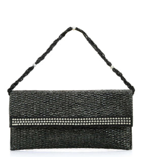 Black Rexin Stone and Pearl Patch Work Clutch