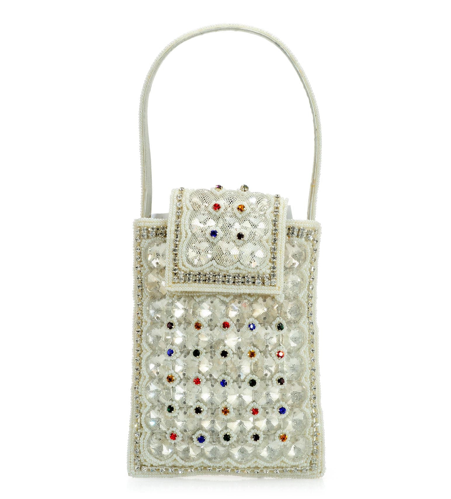 Off White Satin Stone and Pearl Beaded Pouch