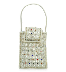 Off White Satin Stone and Pearl Beaded Pouch