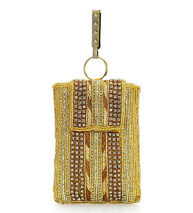 Mustard Satin Stone and Pearl Beaded Pouch