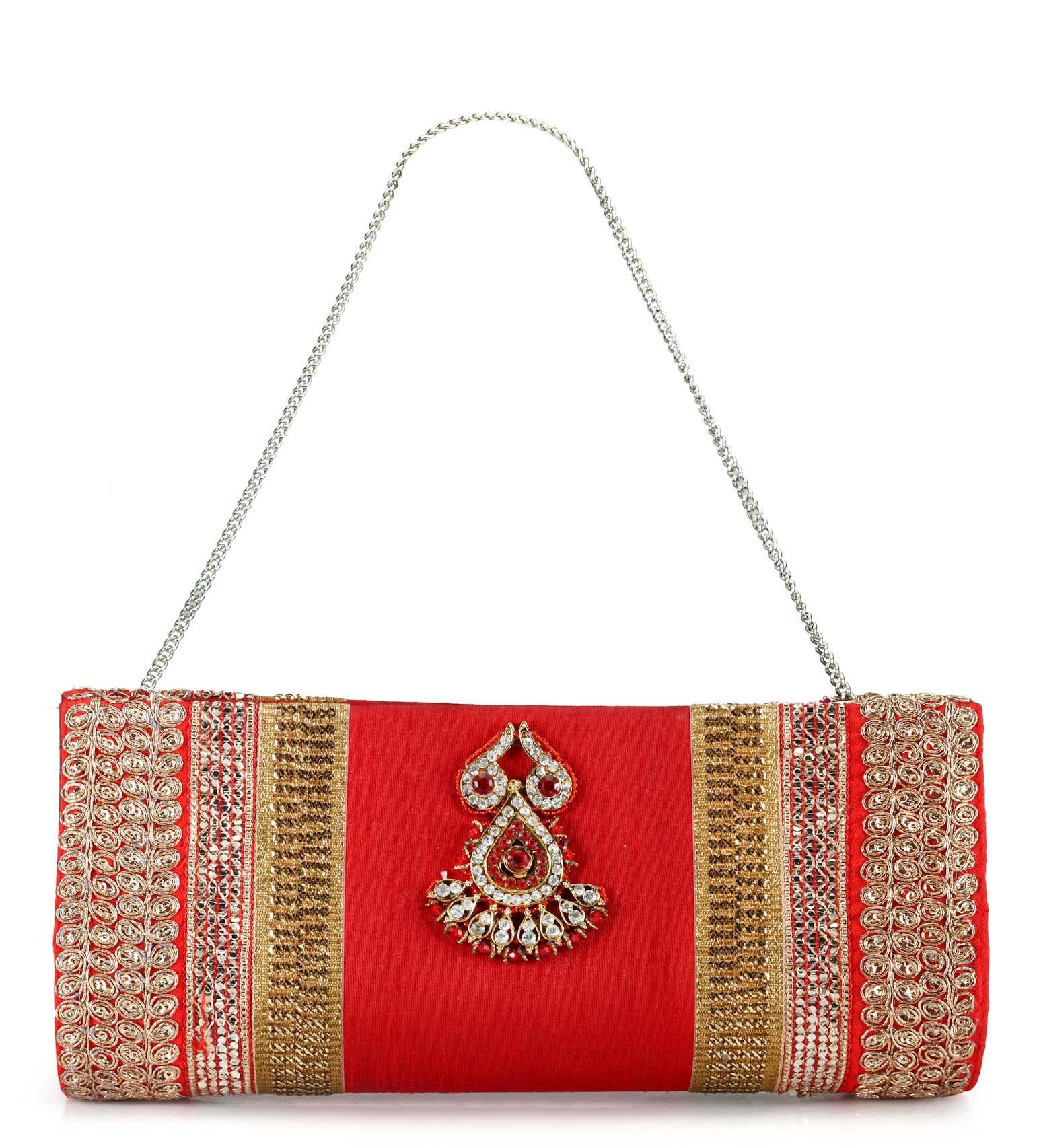 Red Art Silk Stone and Zari Work Clutch