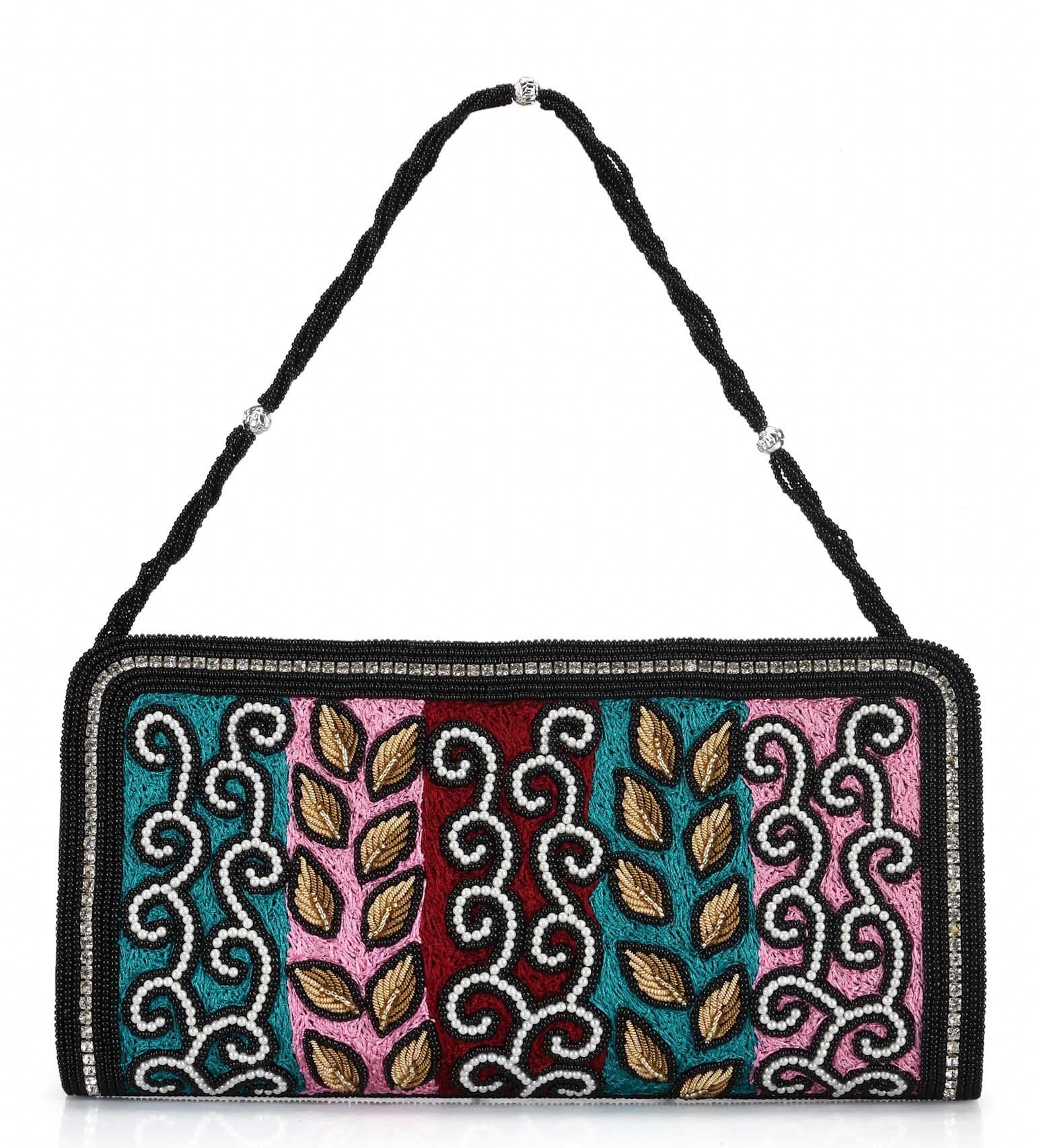 Black Rexin Pearl and Zardosi Embroidery Clutch