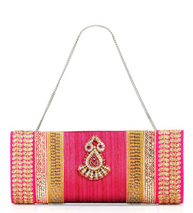 Magenta Art Silk Stone and Zari Work Clutch