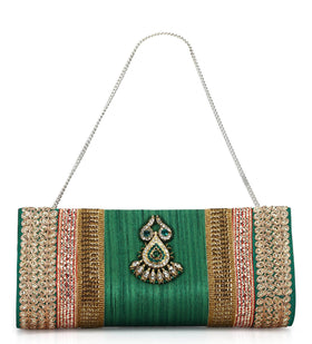 Green Art Silk Stone and Zari Work Clutch