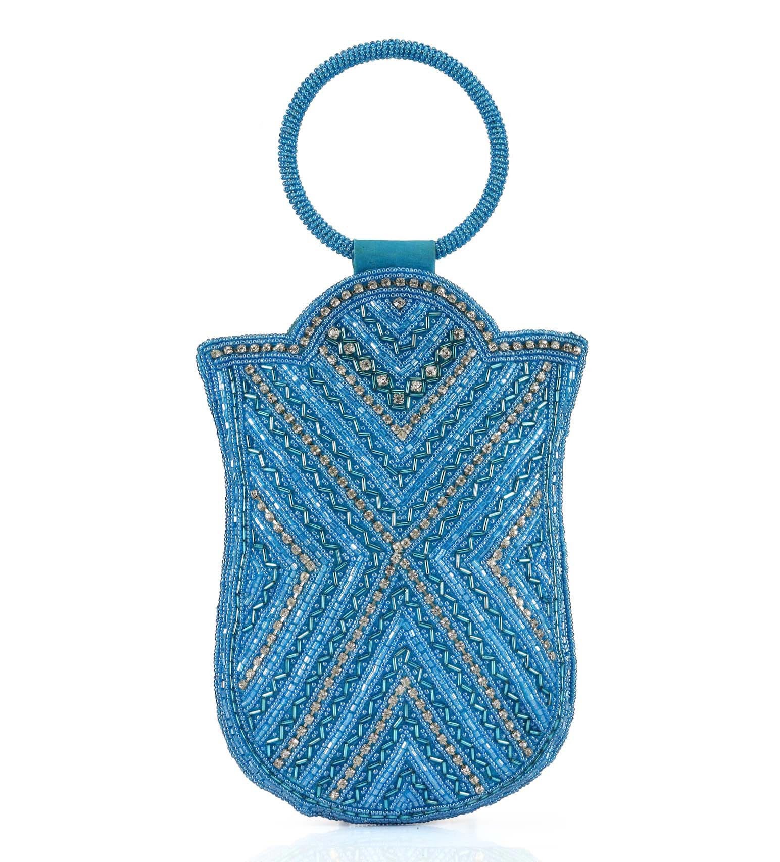 Sea Blue Satin Stone Beaded Pouch