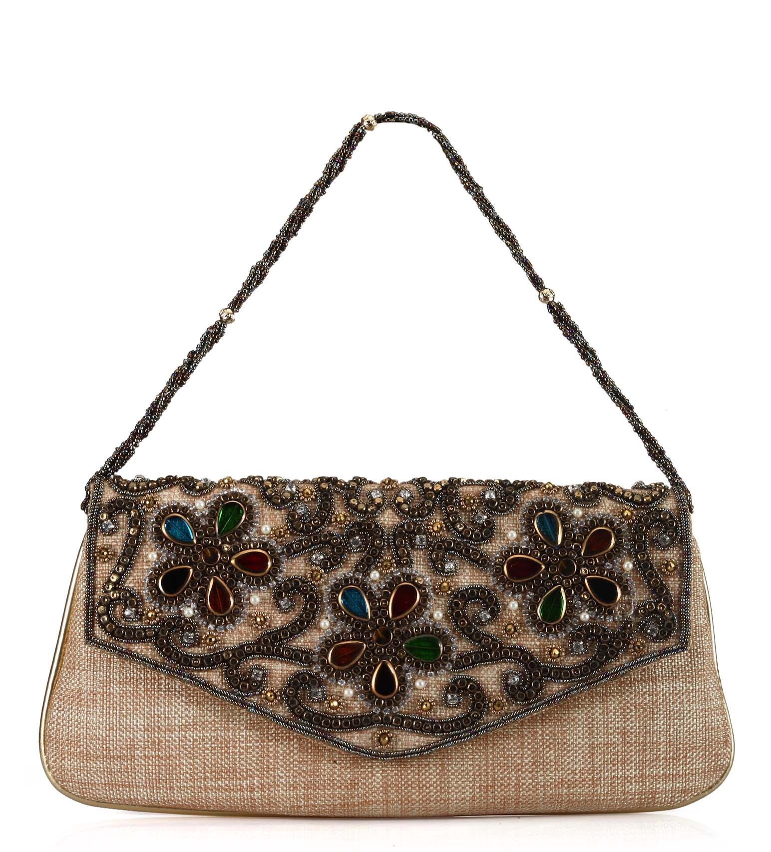 Beige Velvet Antique Pearl and Stone Work Clutch