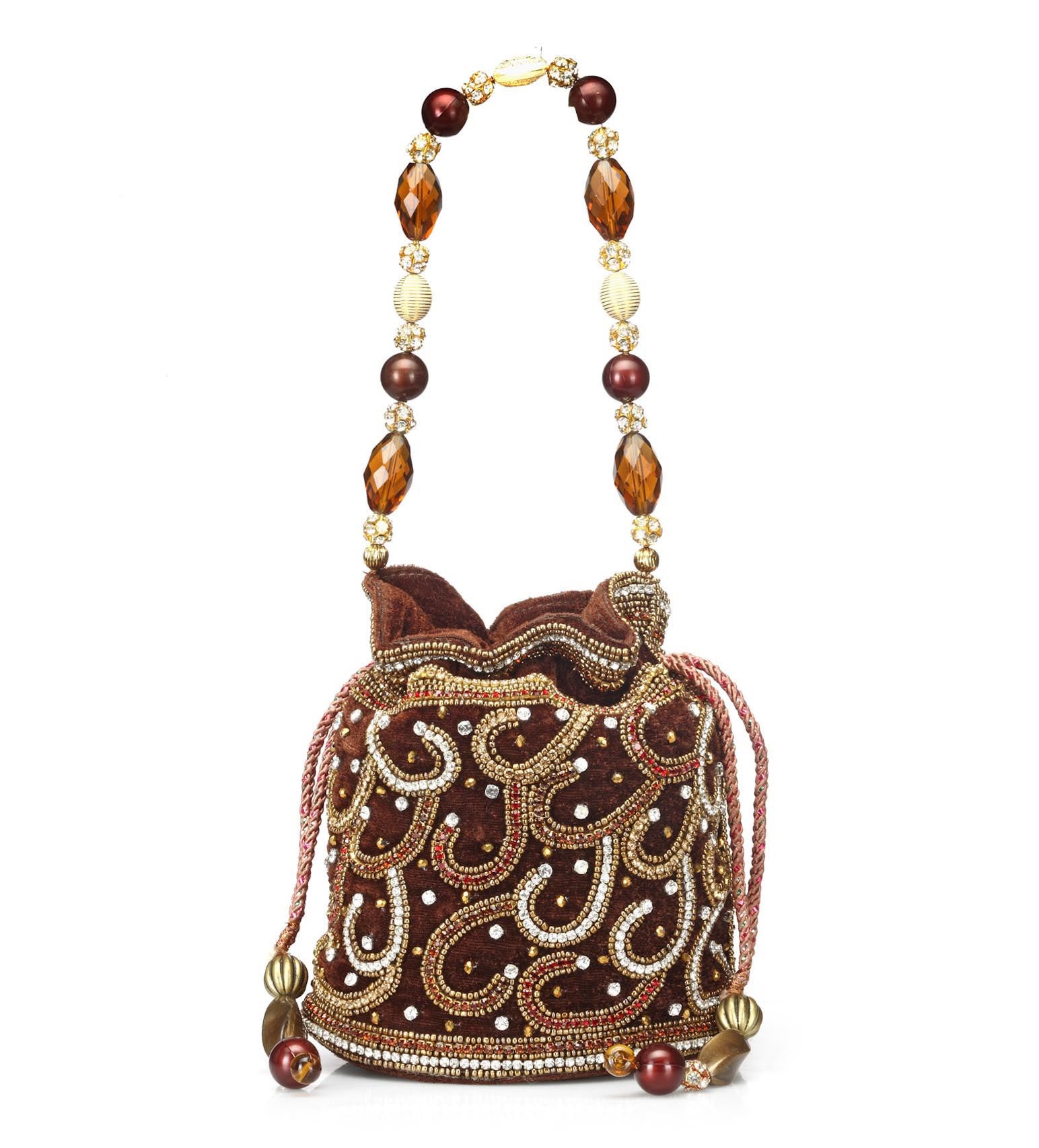 Coffee Velvet Stone and Pearl Beaded Potli Pouch