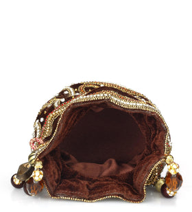 Coffee Velvet Stone and Pearl Beaded Potli Pouch