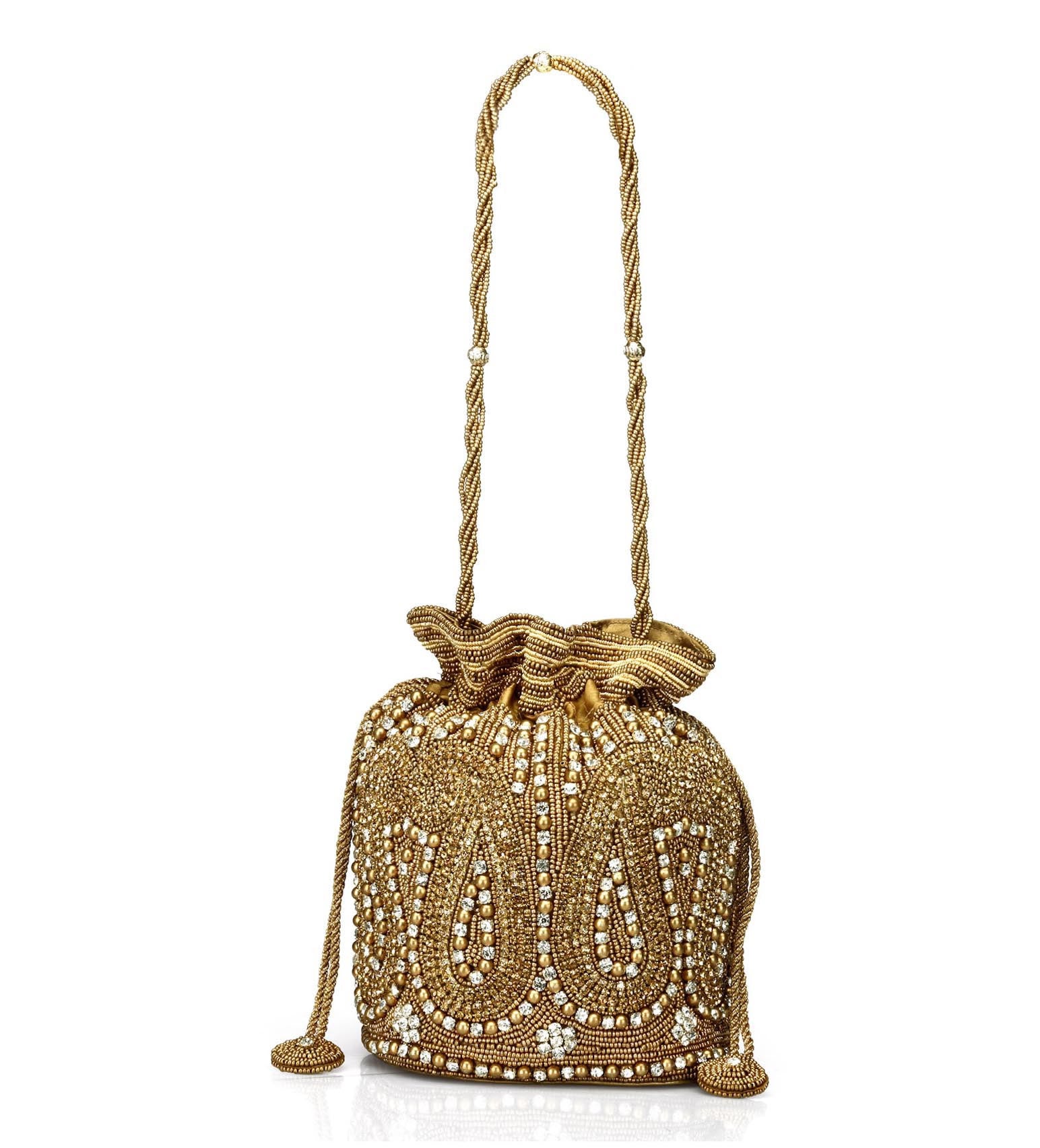 Golden Satin Stone Beaded Potli Pouch