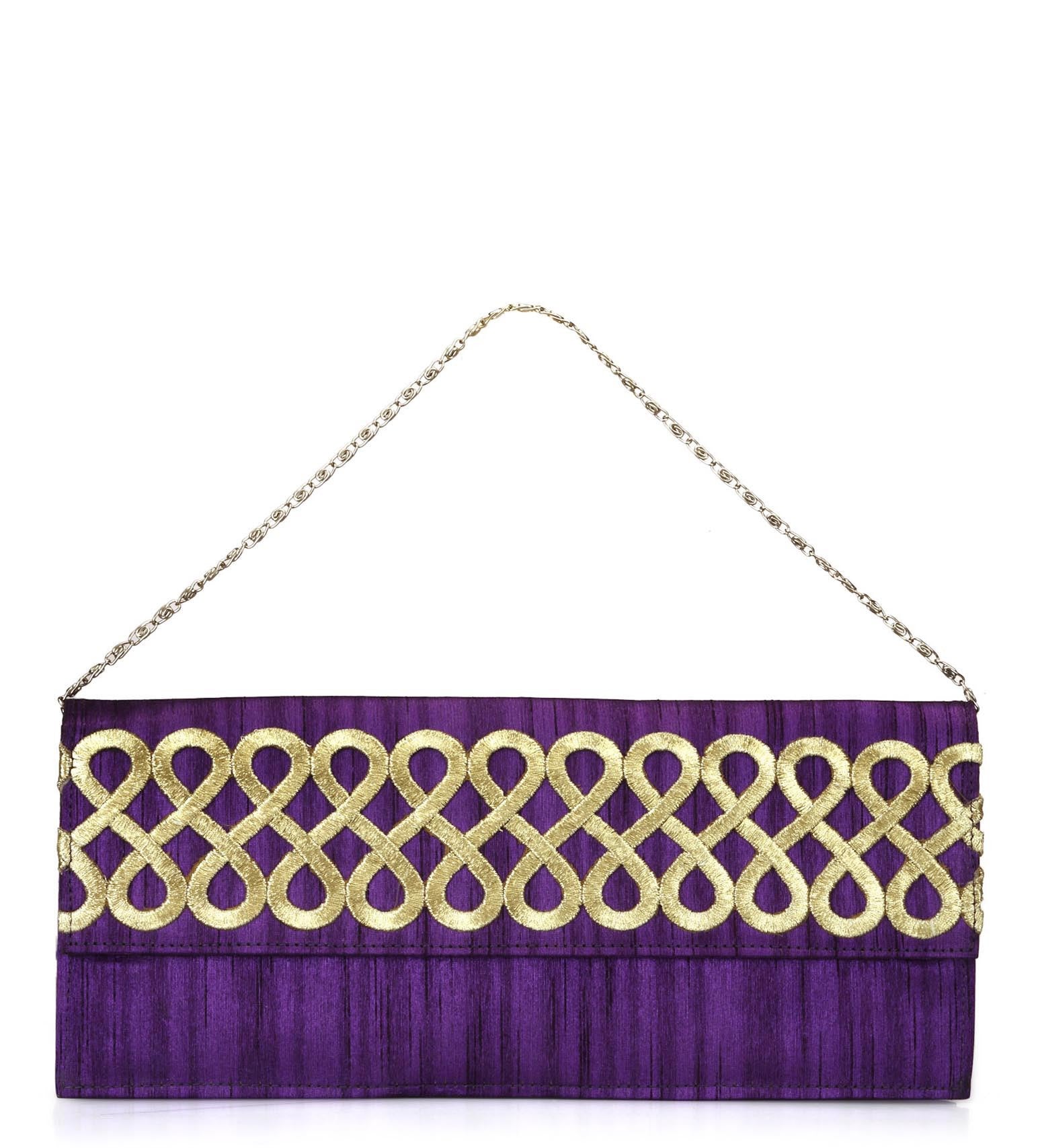Violet Art Silk Zari Patch Work Clutch