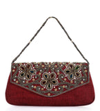 Maroon Velvet Antique Pearl and Stone Work Clutch