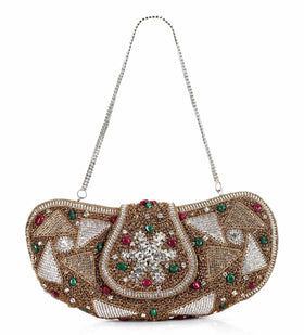 Brown Rexin Copper Pearl and Zardosi Embroidery Clutch