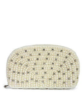 Off White Satin Stone and Pearl Beaded Pouch