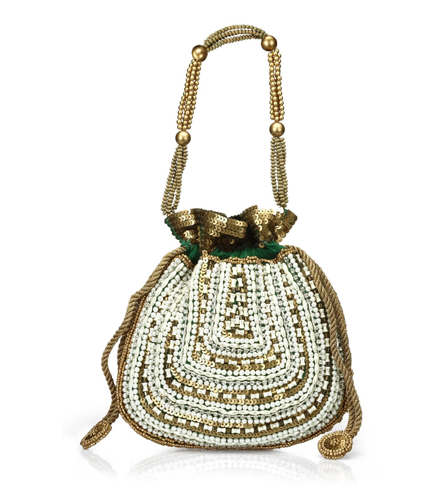 Green Satin Stone and Sequin Beaded Potli Pouch