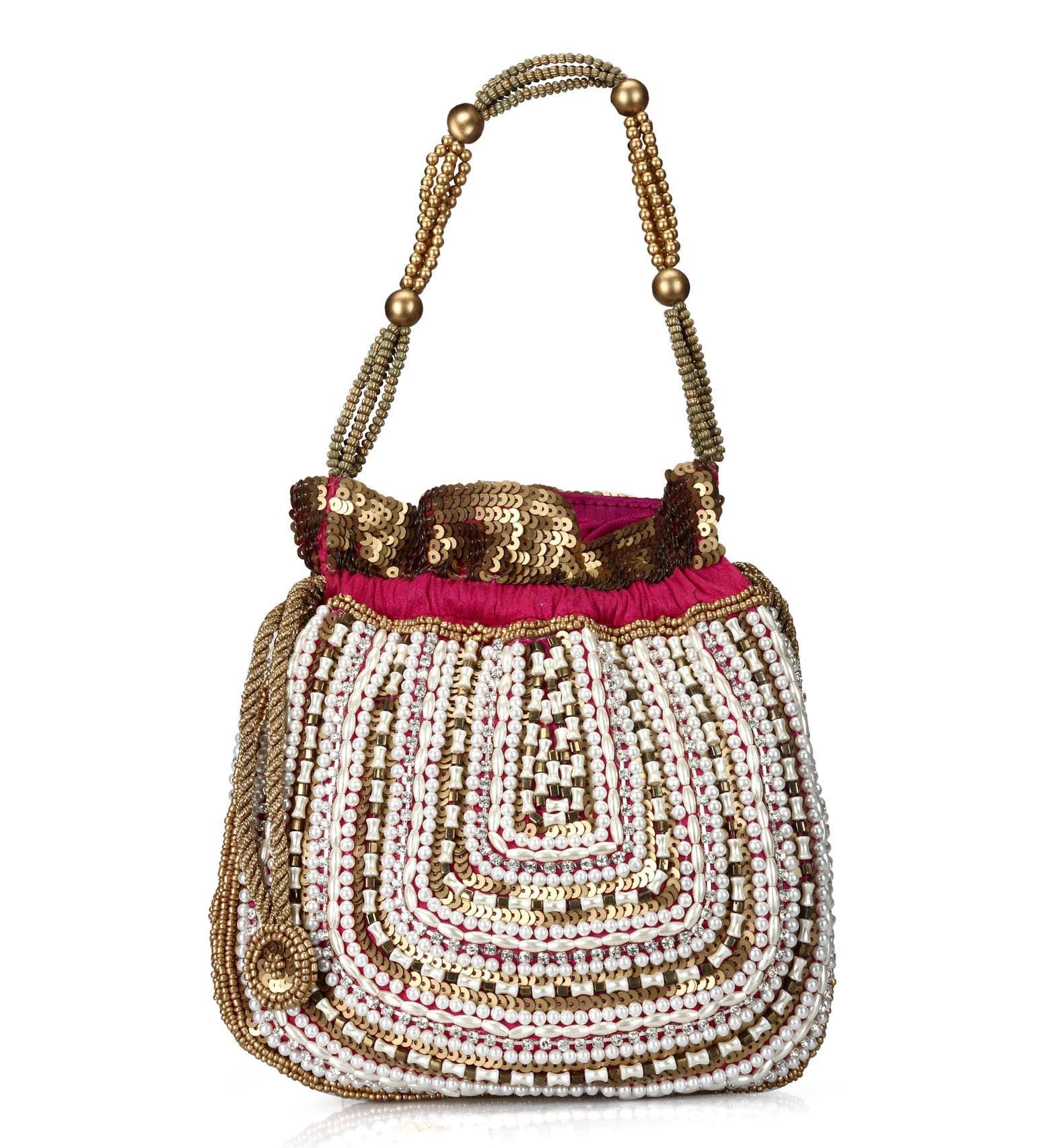 Magenta Satin Stone and Sequin Beaded Potli Pouch