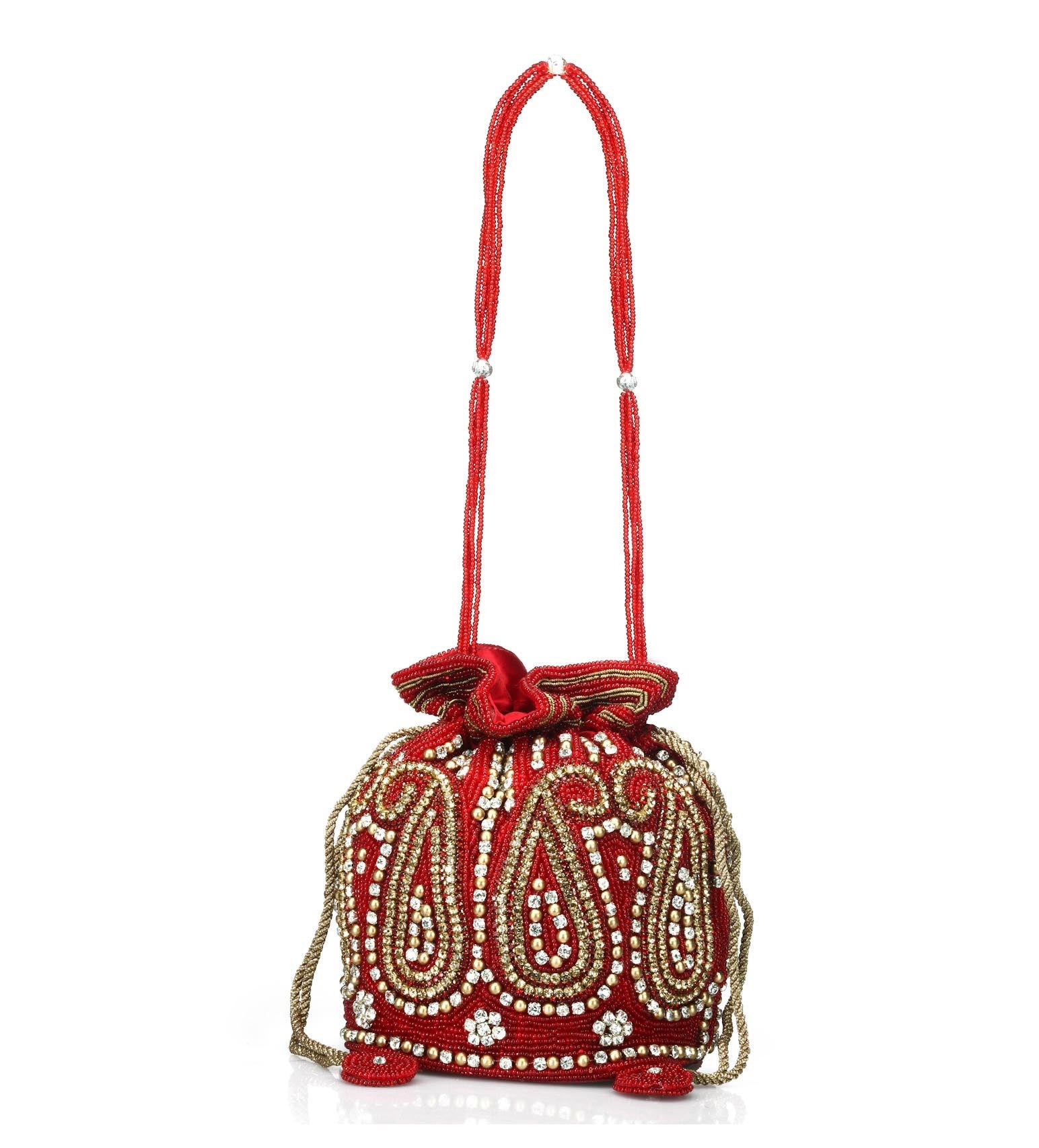 Maroon Satin Stone and Pearl Beaded Potli Pouch