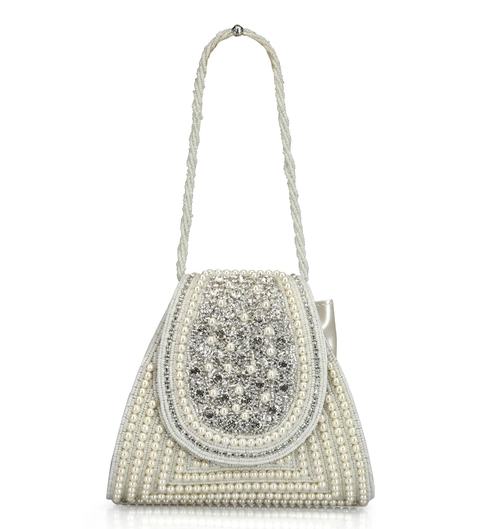 Off White Rexin Stone and Pearl Beaded Clutch