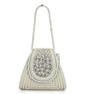 Off White Rexin Stone and Pearl Beaded Clutch