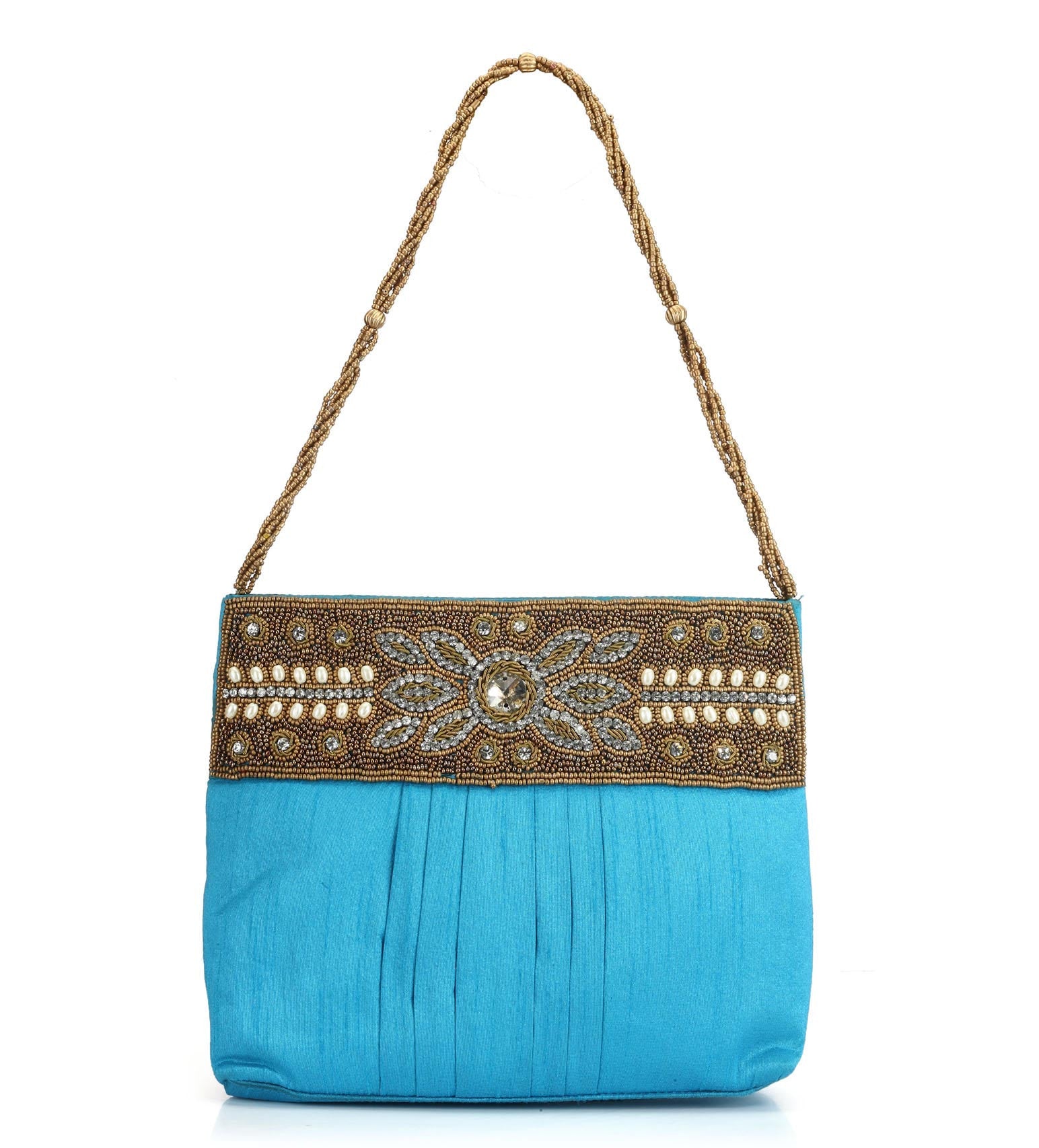 Turquoise Art Silk Stone Beaded Clutch