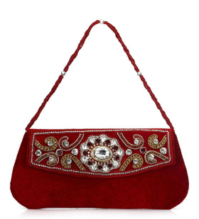 Maroon Velvet Stone and Pearl Beaded Clutch