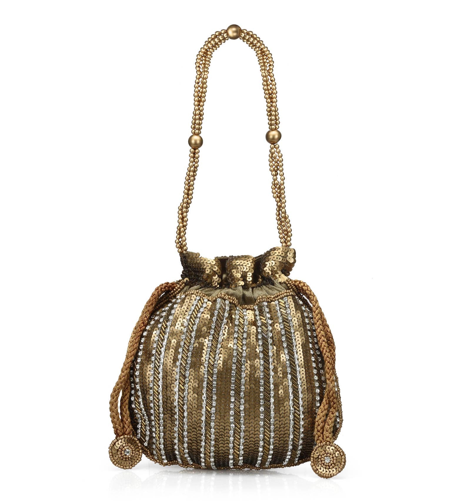 Brown Satin Stone and Pearl Beaded Potli Pouch