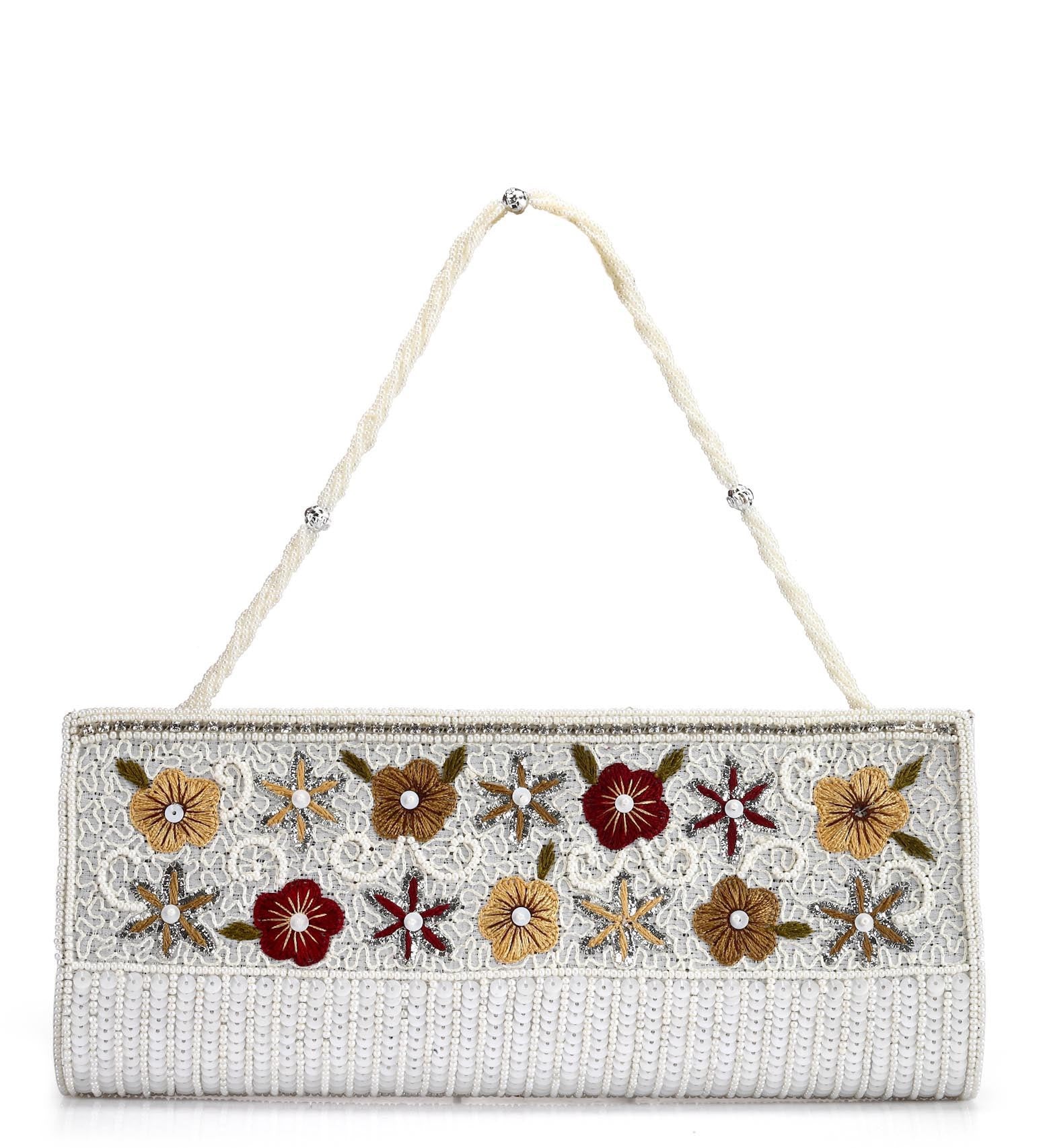 White Art Silk Stone and Pearl Beaded Clutch