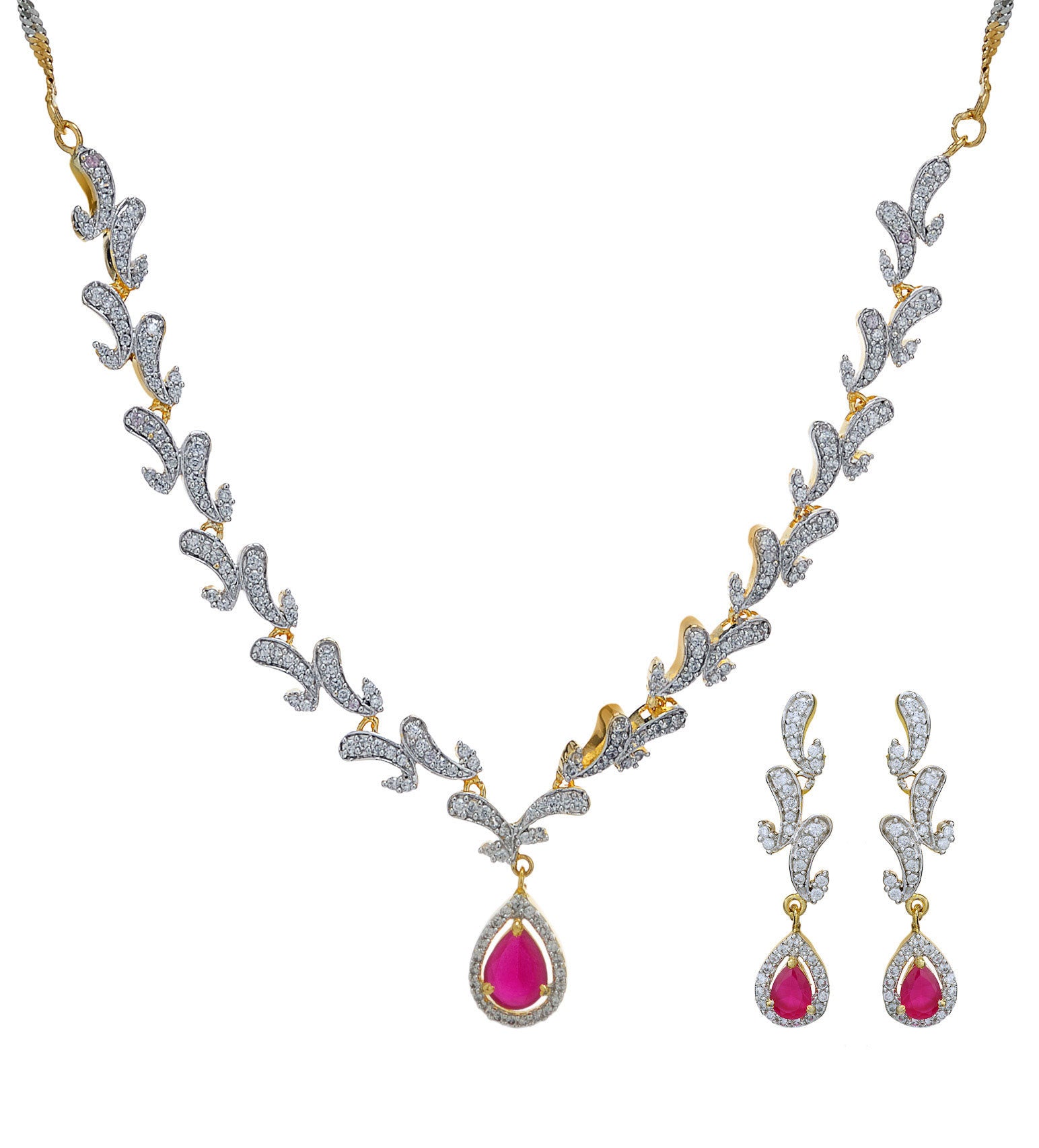 White & Magenta Stone Necklace Set