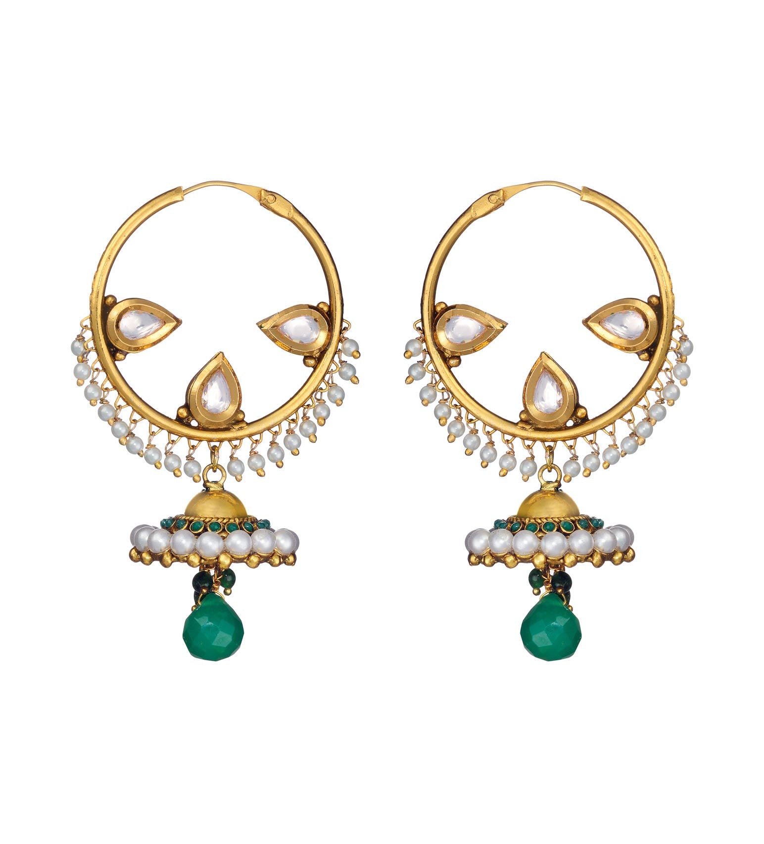 White & Green Stone Studded Earrings