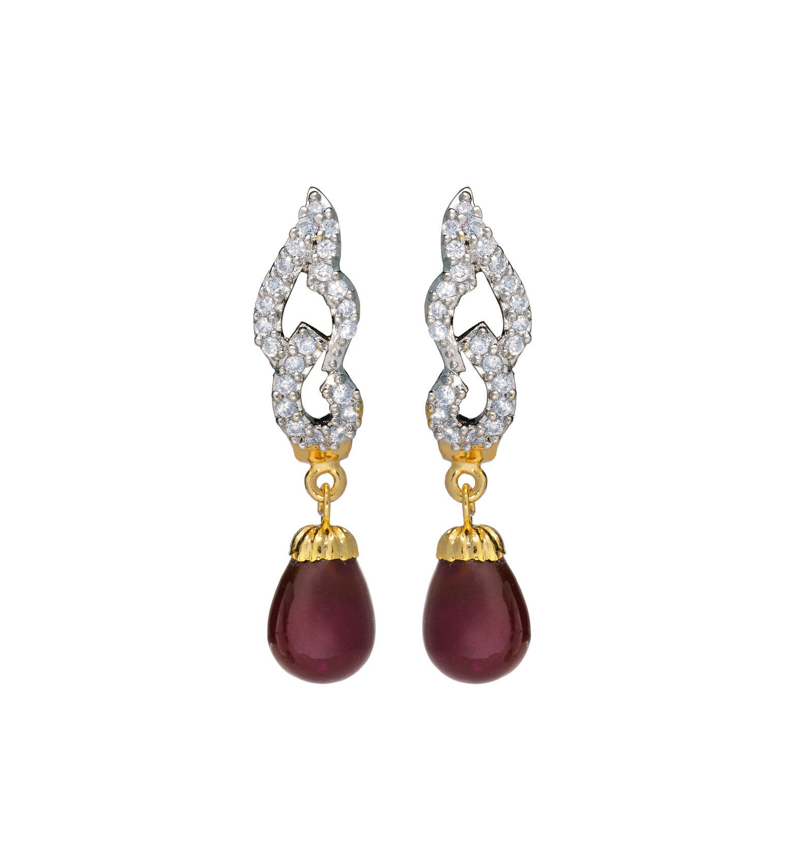 Gold Toned Earrings with Maroon Pearl